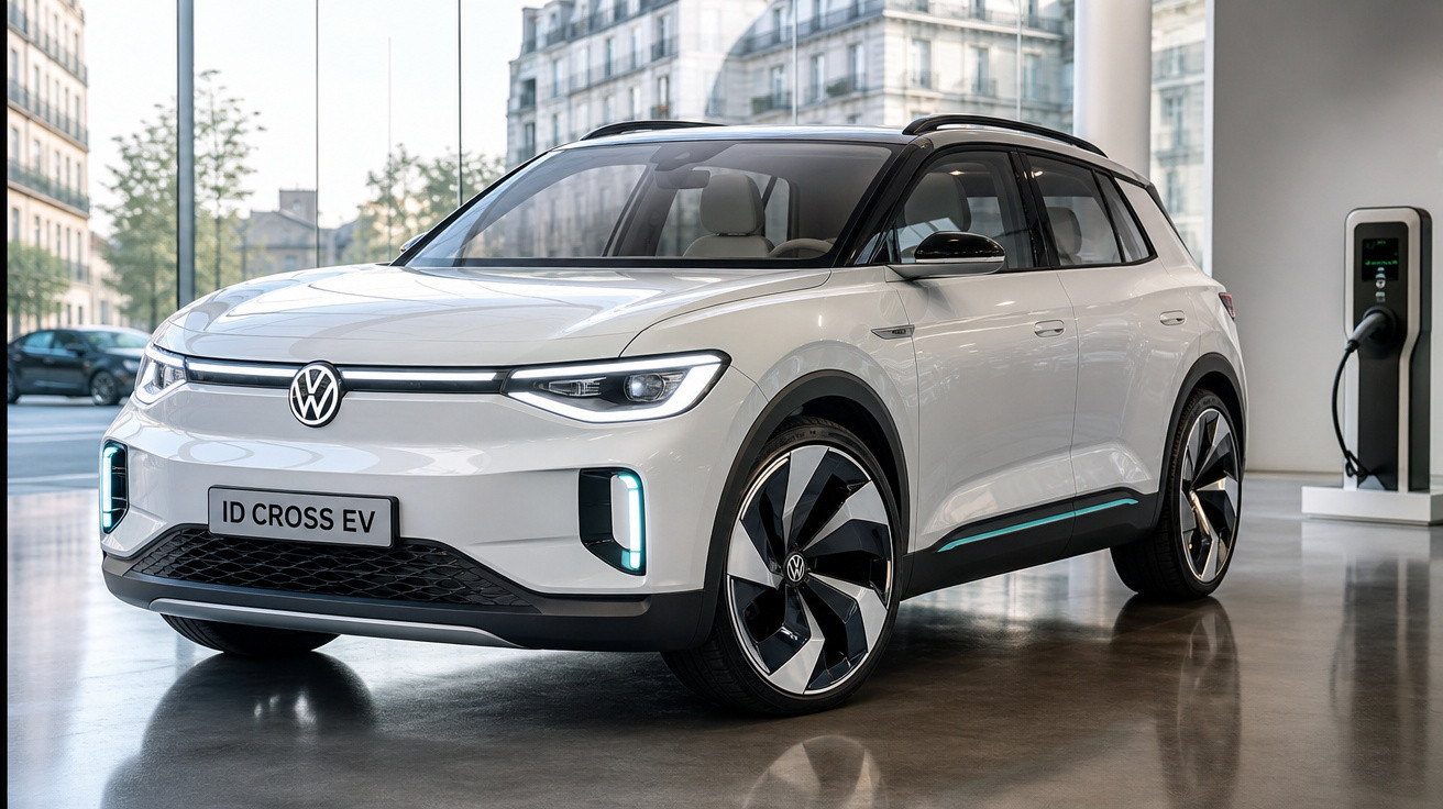 Carro elétrico Volkswagen ID Cross EV branco estacionado em showroom com estação de recarga ao fundo.