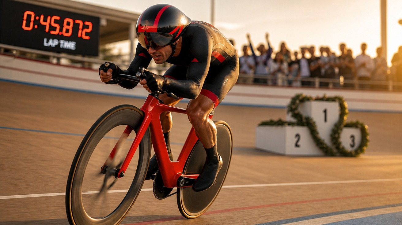 Ciclista em roupa preta e vermelha pedalando velozmente em pista de velódromo durante competição.