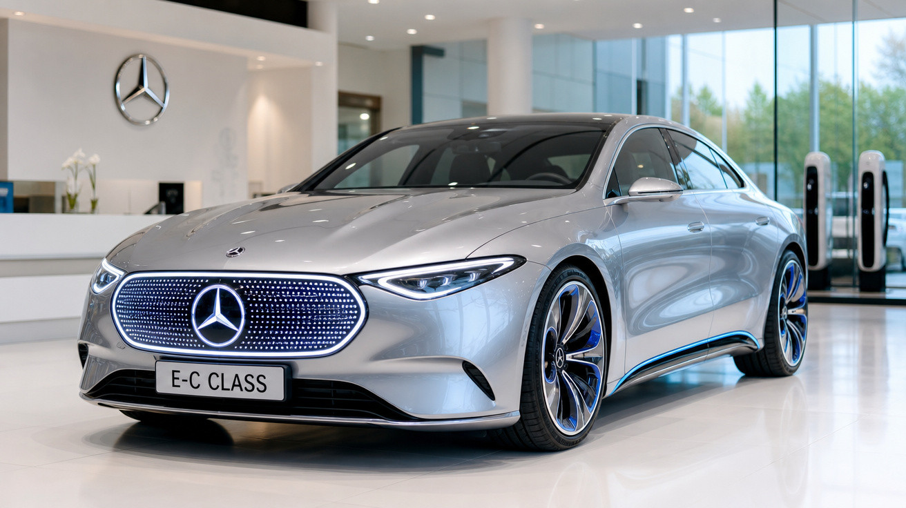 Carro elétrico Mercedes-Benz E-C Class prata exibido em showroom moderno com detalhes azuis.