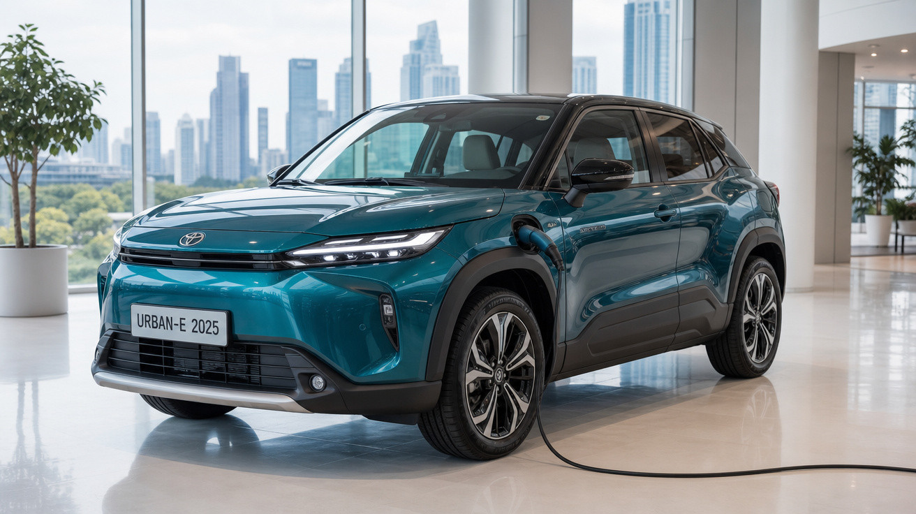 Carro elétrico Toyota Urban-E 2025 verde carregando em ambiente interno com vista para cidade ao fundo.