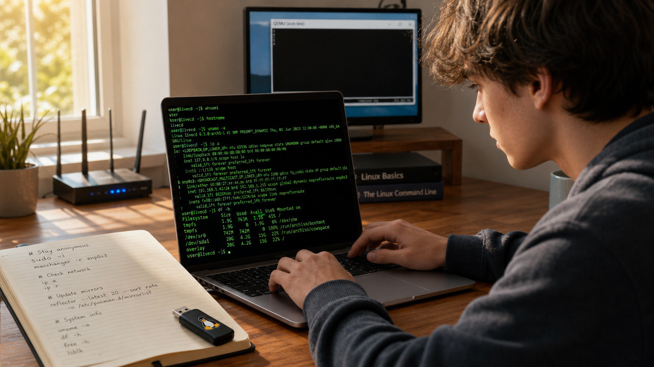 Pessoa jovem usando laptop com código Linux em ambiente de estudo com caderno, pen drive e livros ao redor.