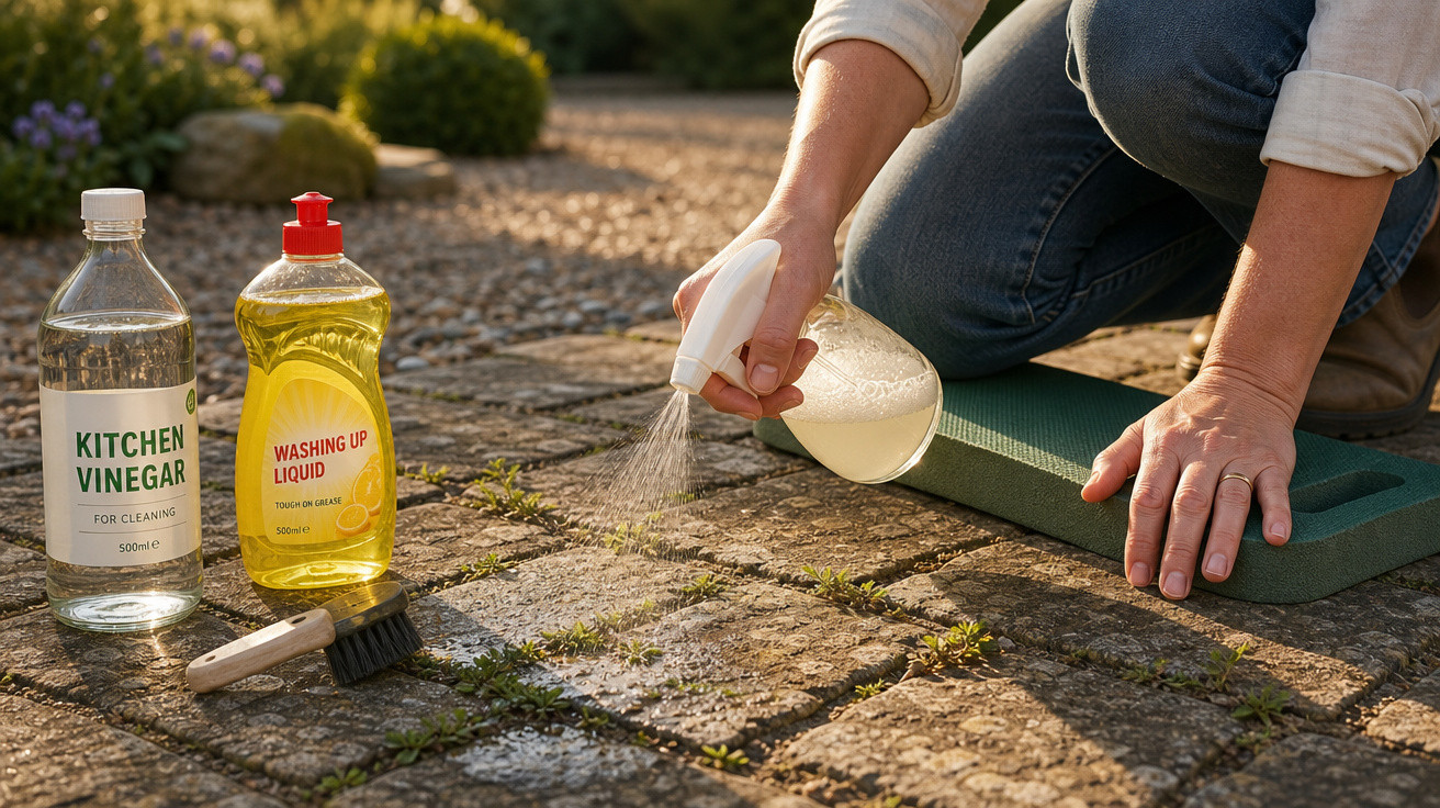 Pessoa usando spray para remover ervas daninhas entre pedras de calçada com vinagre e detergente ao lado.