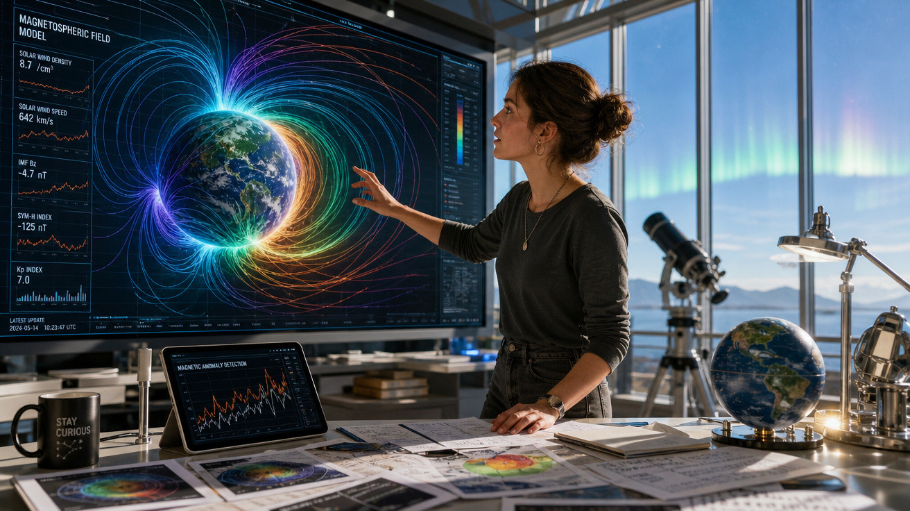 Mulher analisa modelo do campo magnetosférico da Terra em tela grande, com equipamentos científicos ao redor.
