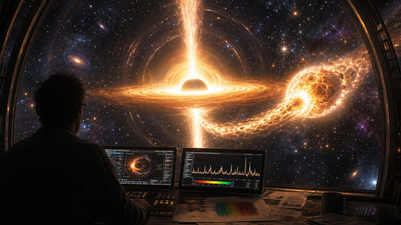Pessoa observando buraco negro e estrela em processo de interação cósmica por uma janela de nave espacial.