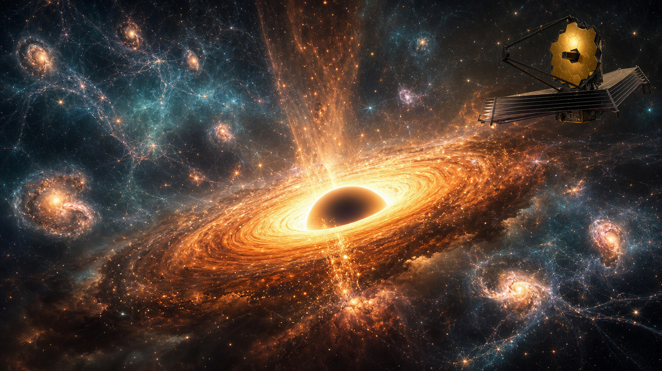 Buraco negro cósmico com discos de gás e galáxias ao redor, e telescópio espacial ao lado direito.