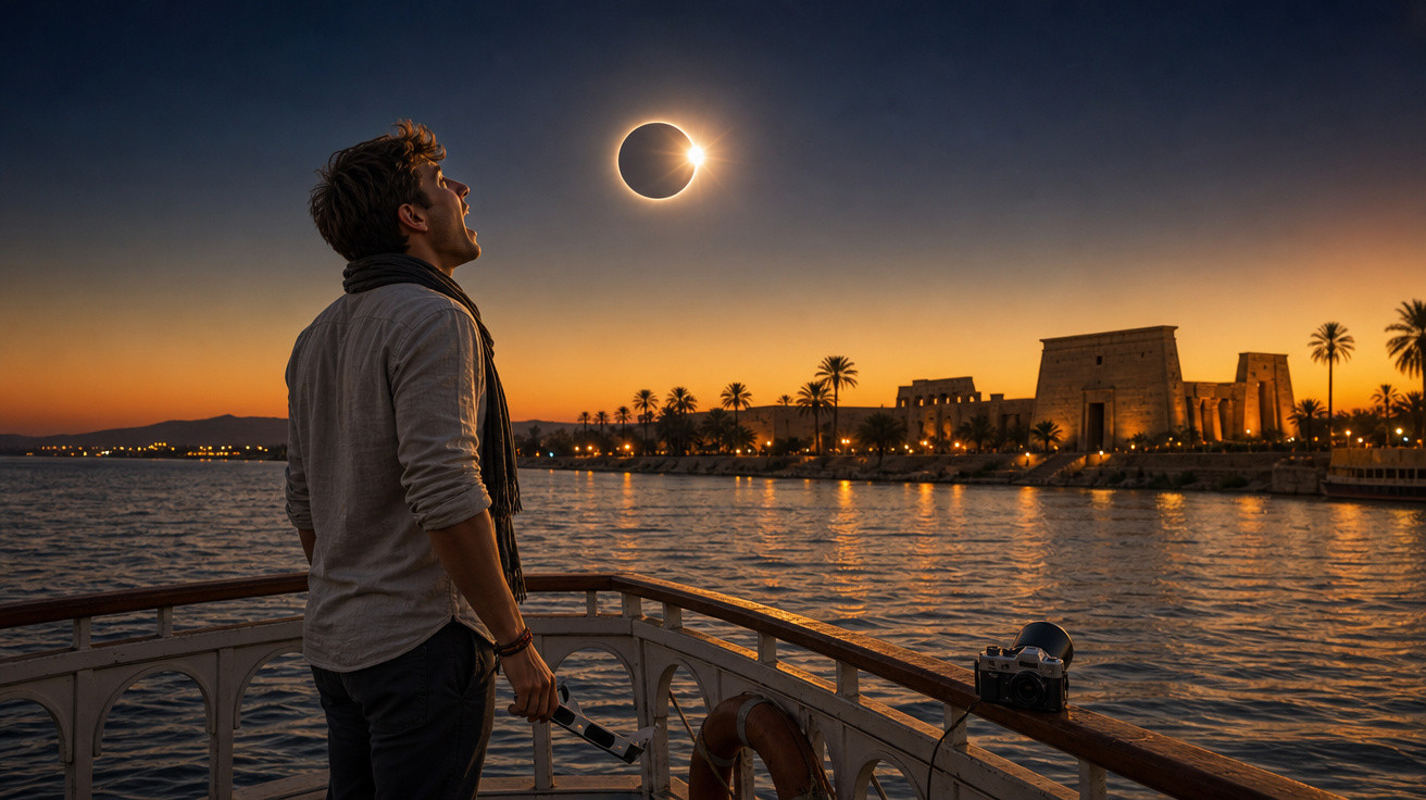 Homem observa eclipse solar durante pôr do sol em barco próximo a templo antigo às margens de rio.