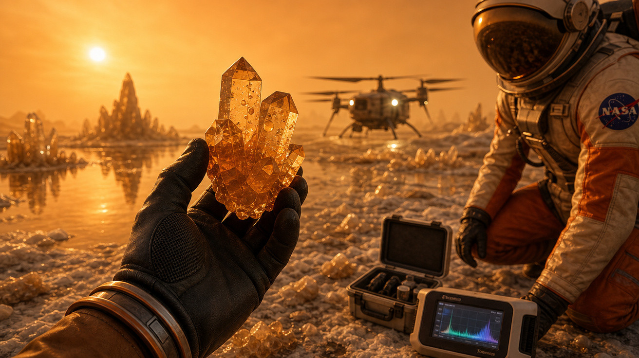 Astronautas coletam cristais dourados em terreno alienígena com helicóptero ao fundo ao pôr do sol.