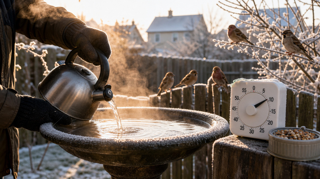 Mão com luva despejando água quente em bebedouro congelado para pássaros em jardim frio com termômetro e comida.