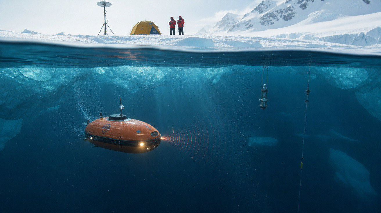 Veículo subaquático amarelo explorando o oceano sob gelo com cientistas e barraca sobre a superfície congelada.