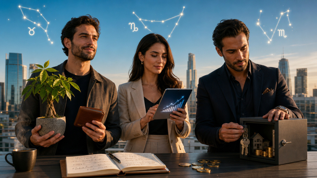 Três pessoas com símbolos de signos zodiacais e elementos financeiros, como gráfico, cofre e planta, em área urbana.