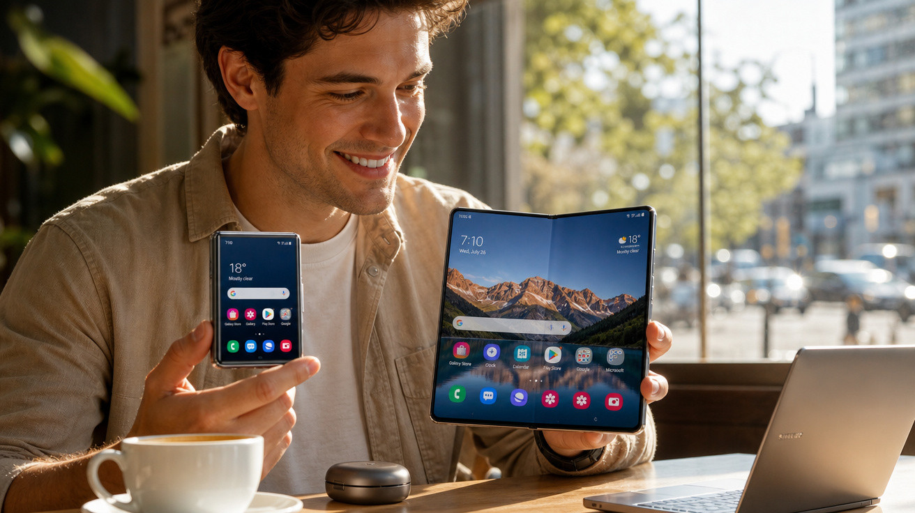 Homem sorridente mostra celular e tablet dobrável com tela grande em café com laptop aberto ao lado.