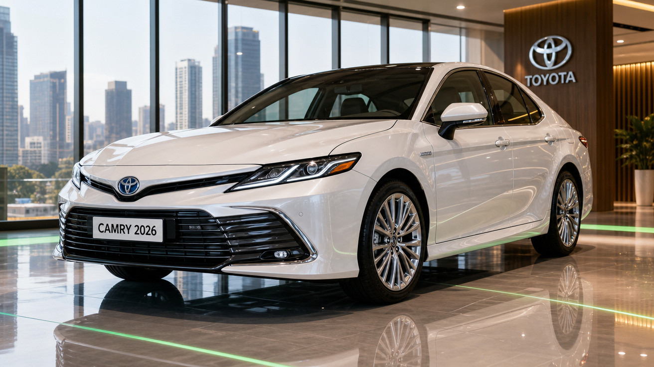Carro branco Toyota Camry 2026 exibido em showroom moderno com paredes de vidro e vista para a cidade ao fundo.