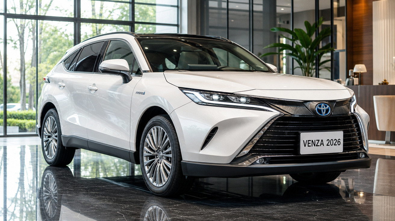 SUV branco Toyota Venza 2026 estacionado em showroom com piso refletivo e iluminação natural.