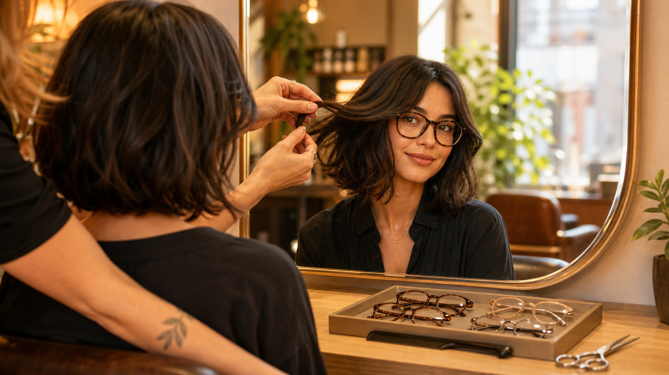 Mulher de cabelo curto sendo maquiada diante de espelho em salão de beleza, com óculos na mesa.