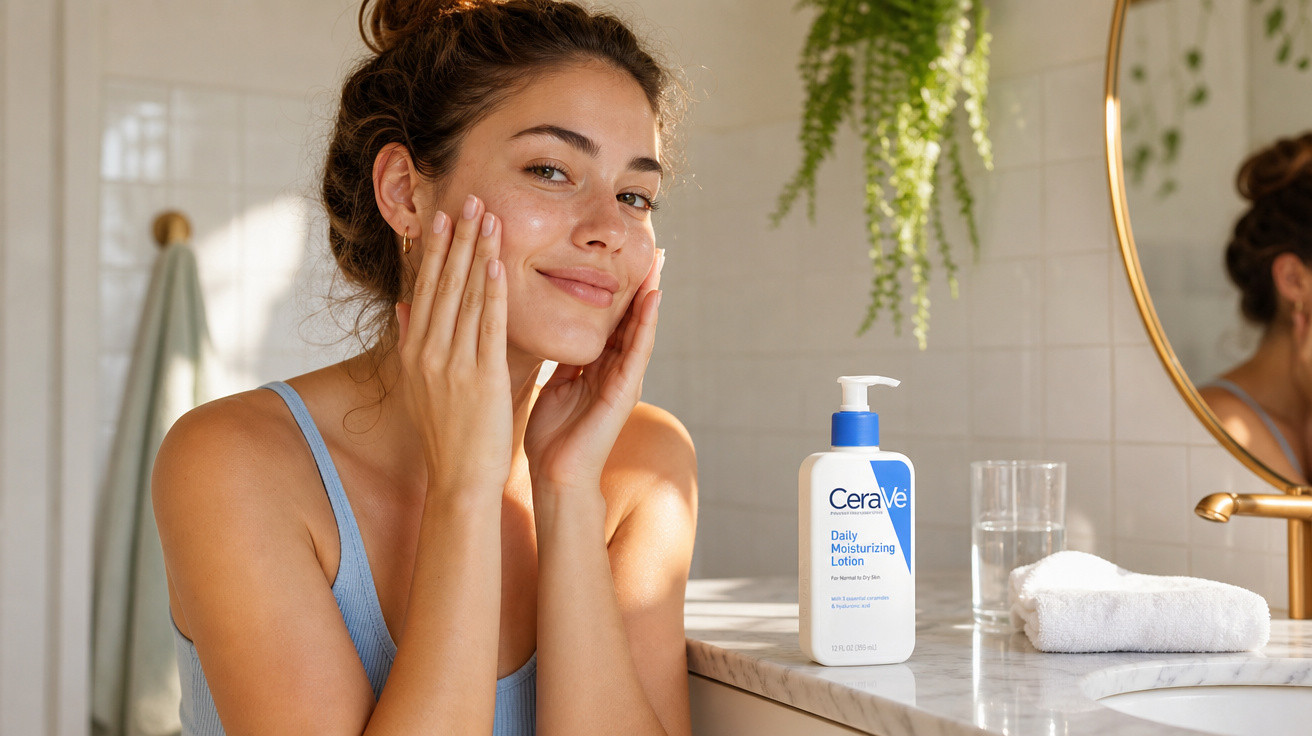 Mulher sorrindo aplica hidratante facial ao lado de frasco de CeraVe em banheiro iluminado.