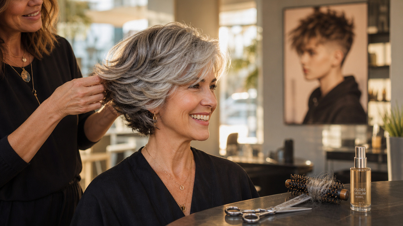 Mulher sorridente com cabelo grisalho sendo arrumado por cabeleireira em salão moderno com produtos na mesa.
