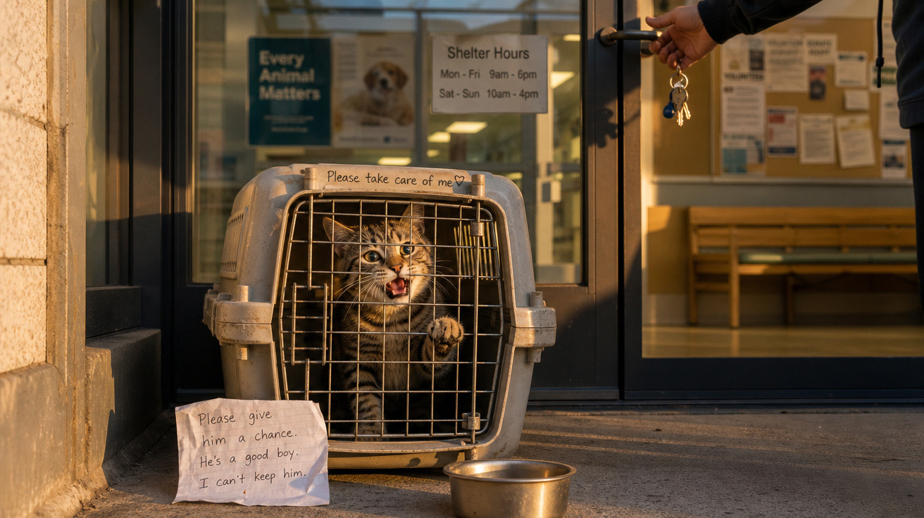 Gato dentro de transportadora em abrigo de animais com bilhete pedindo uma chance para ele.