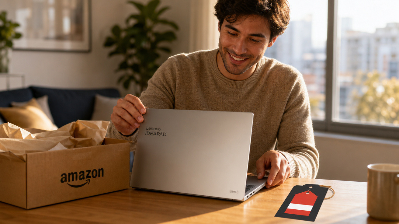 Homem sorrindo abre laptop Lenovo Ideapad em mesa com caixa da Amazon ao lado, em ambiente iluminado.