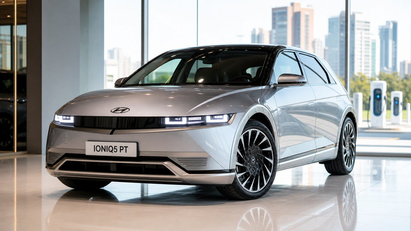 Carro elétrico Hyundai Ioniq 5 prata em showroom moderno com janelas amplas e vista urbana ao fundo.