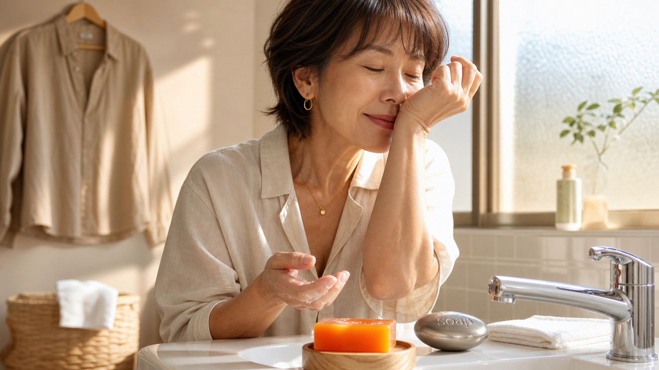 Mulher cheirando o braço com expressão relaxada em banheiro iluminado por luz natural.