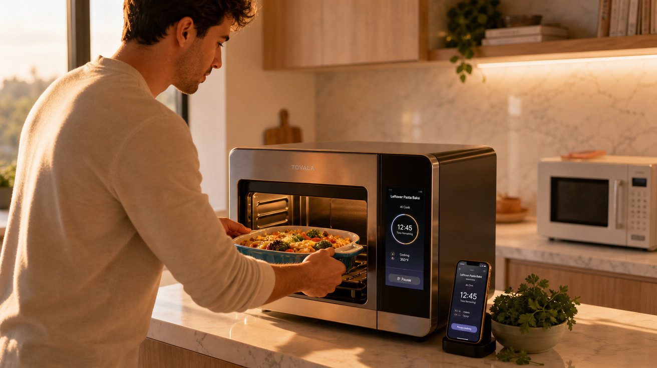 Homem colocando prato de comida em forno inteligente moderno na cozinha iluminada ao entardecer.