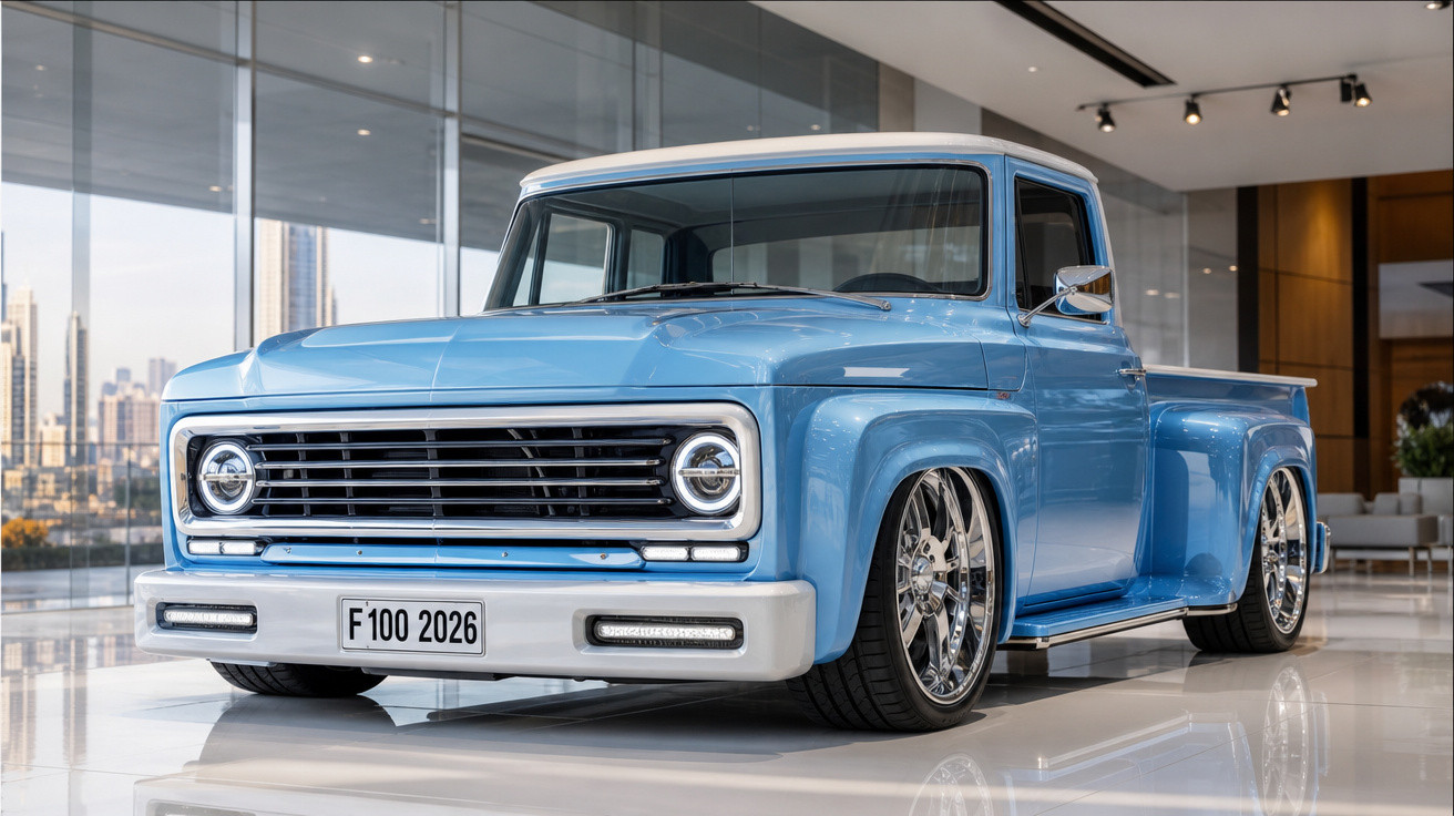 Pick-up clássica azul restaurada exibida em showroom moderno com piso brilhante e janelas de vidro.