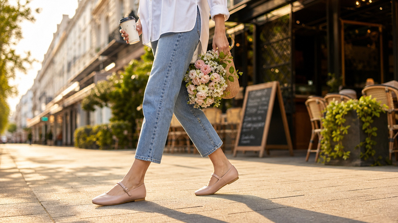 Pessoa caminhando na calçada com buquê de flores e café em copo descartável na mão.