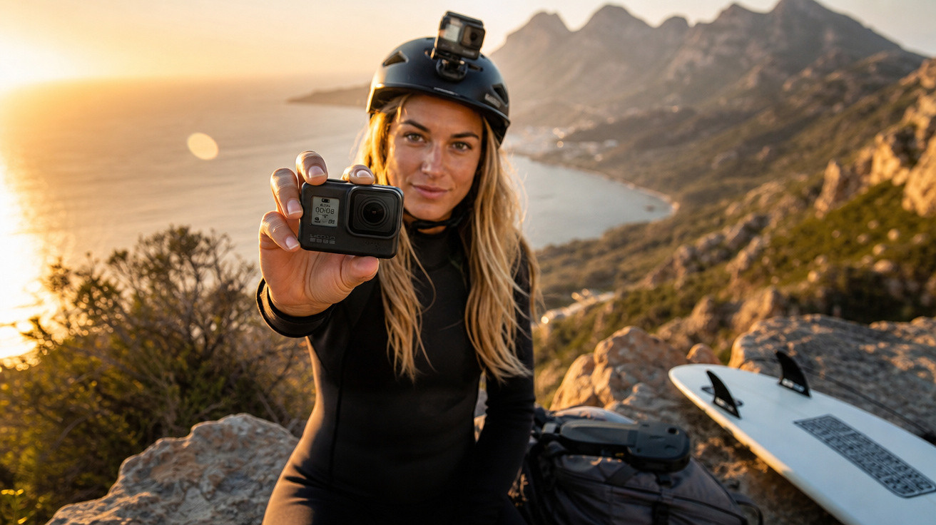 Mulher com capacete e câmera de ação segurando GoPro, ladeada por prancha de surf em paisagem costeira ao pôr do sol.