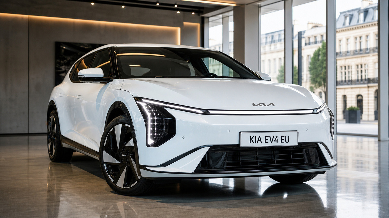 Carro elétrico branco Kia EV4 EU em exposição dentro de showroom moderno com janelas grandes.