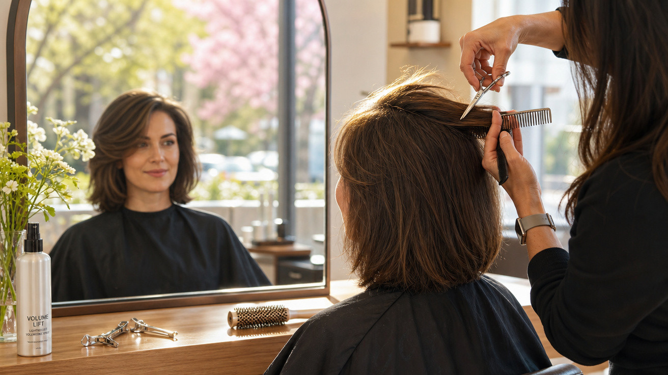 Mulher com capa preta no salão tendo cabelo cortado por cabeleireira em frente ao espelho.