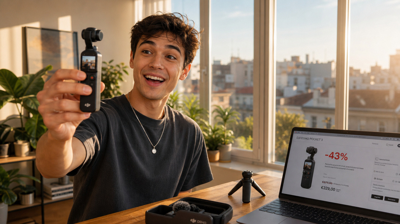 Jovem sorrindo grava vídeo com câmera DJI Osmo Pocket em ambiente com laptop e plantas ao fundo.
