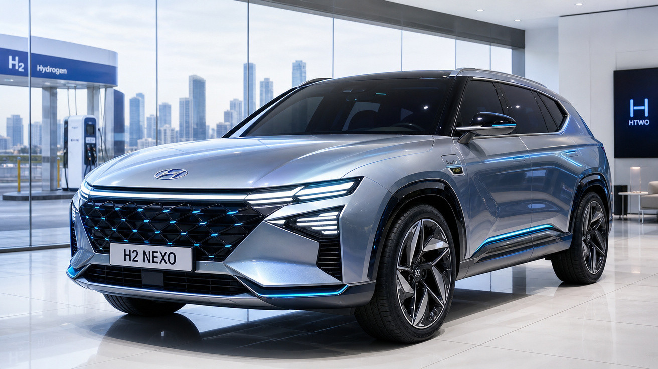 SUV Hyundai H2 Nexo prata em showroom moderno com sinalização de hidrogênio ao fundo.