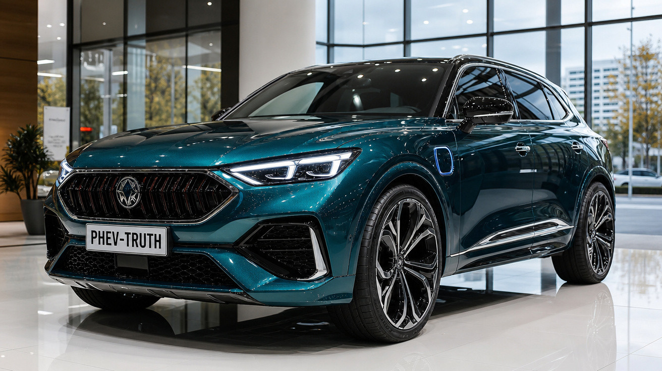 Carro SUV elétrico verde metálico em exposição em showroom com luz natural e grandes janelas.