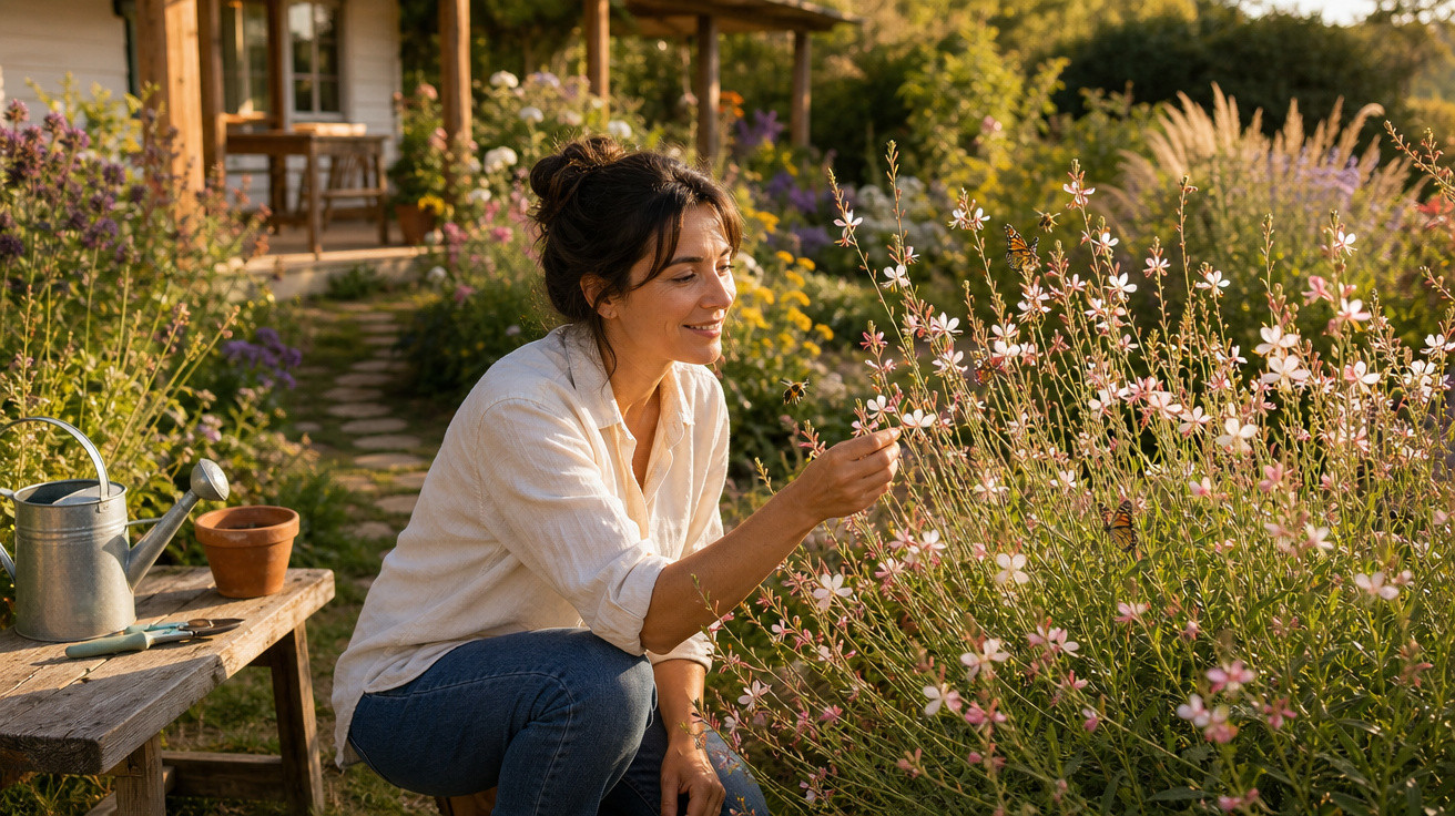 Mulher sorridente cuidando de flores em jardim ao ar livre próximo a casa de campo ao entardecer.