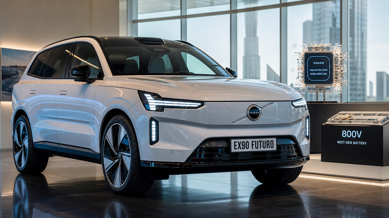 Carro elétrico Volvo EX90 branco exibido em showroom moderno com placa "EX90 FUTURO".