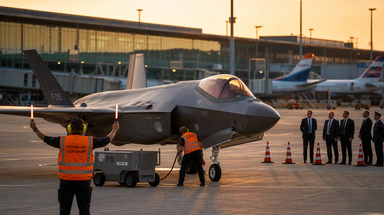 Avião de caça estacionado em aeroporto com técnicos e grupo de homens de terno ao fundo ao entardecer.