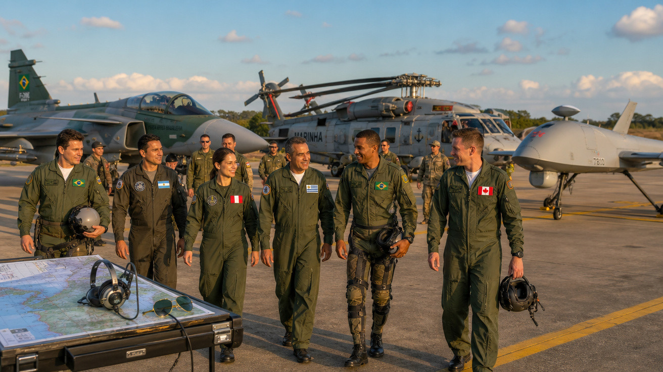Grupo internacional de pilotos militares caminhando juntos em pista com aviões e helicóptero ao fundo.