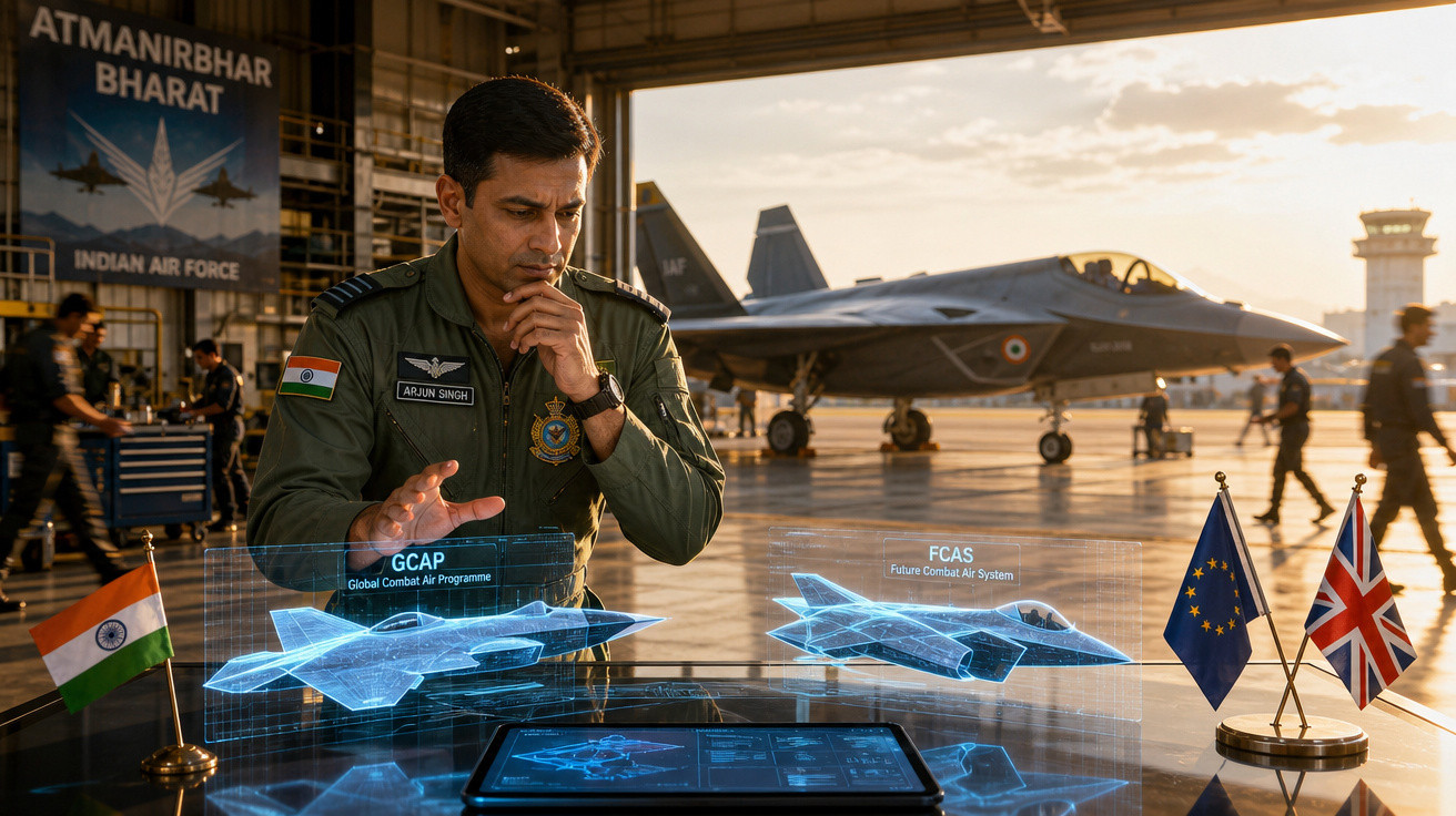 Militar indiano analisando hologramas de caças futuristas em hangar da Força Aérea Indiana ao pôr do sol.
