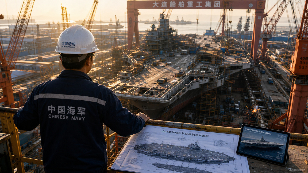 Militar da Marinha Chinesa observa projeto e construção de porta-aviões em estaleiro naval ao pôr do sol.