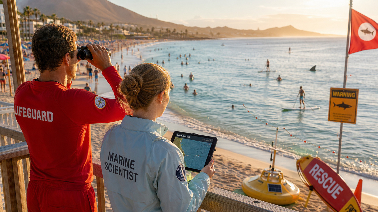 Salvador e cientista marinho observam o mar com sinal de alerta de tubarão em praia movimentada ao pôr do sol.