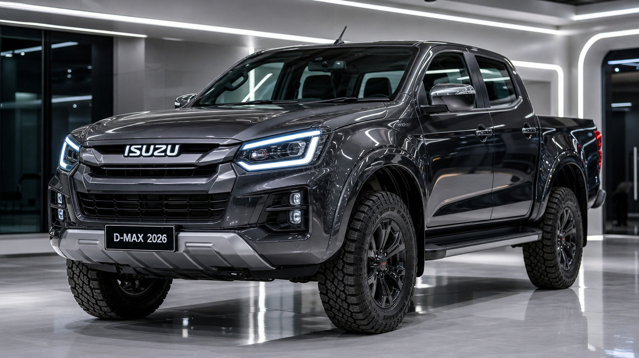 Picape Isuzu D-MAX 2026 cinza escuro estacionada em ambiente interno moderno, com faróis acesos.