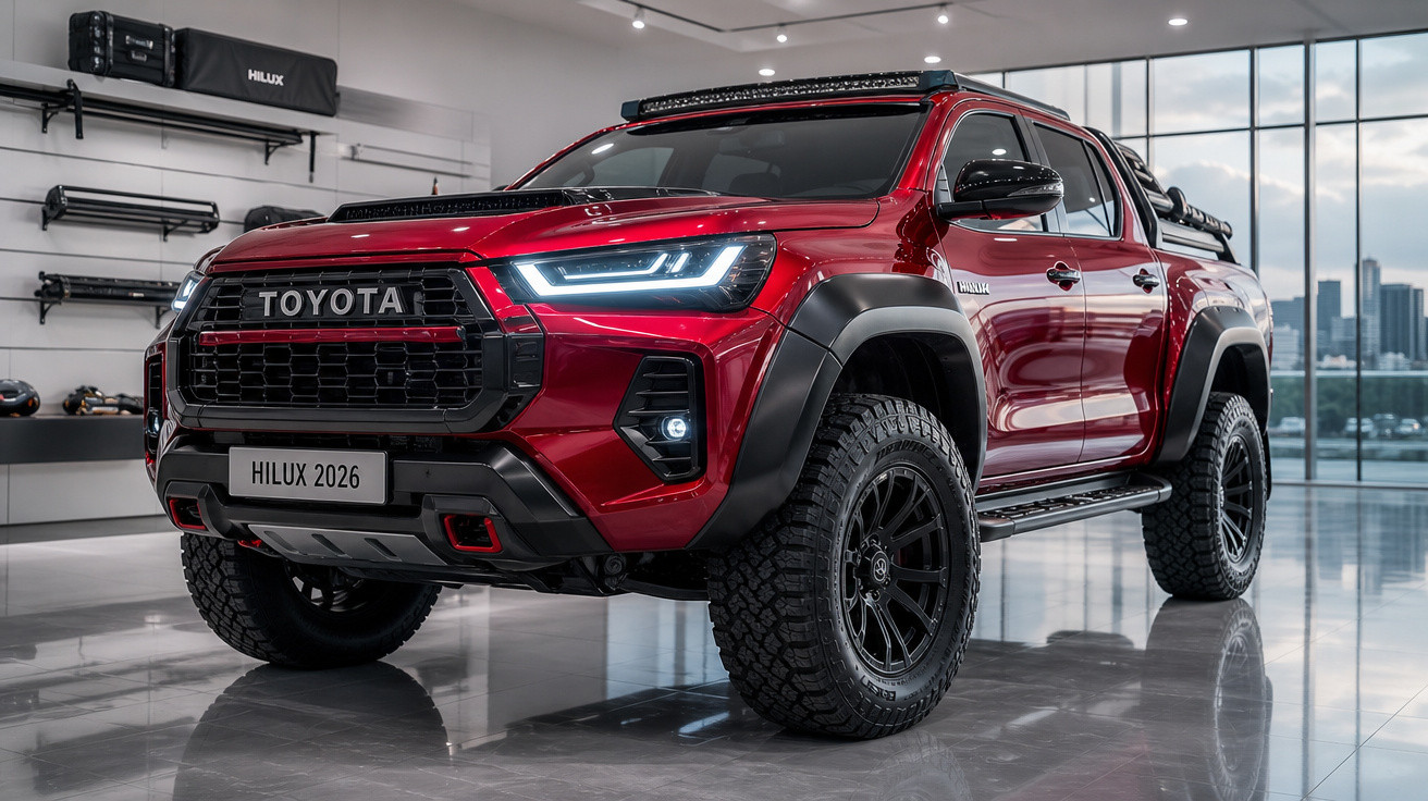 Picape Toyota Hilux 2026 vermelha, com faróis LED e pneus off-road, exibida em showroom moderno.