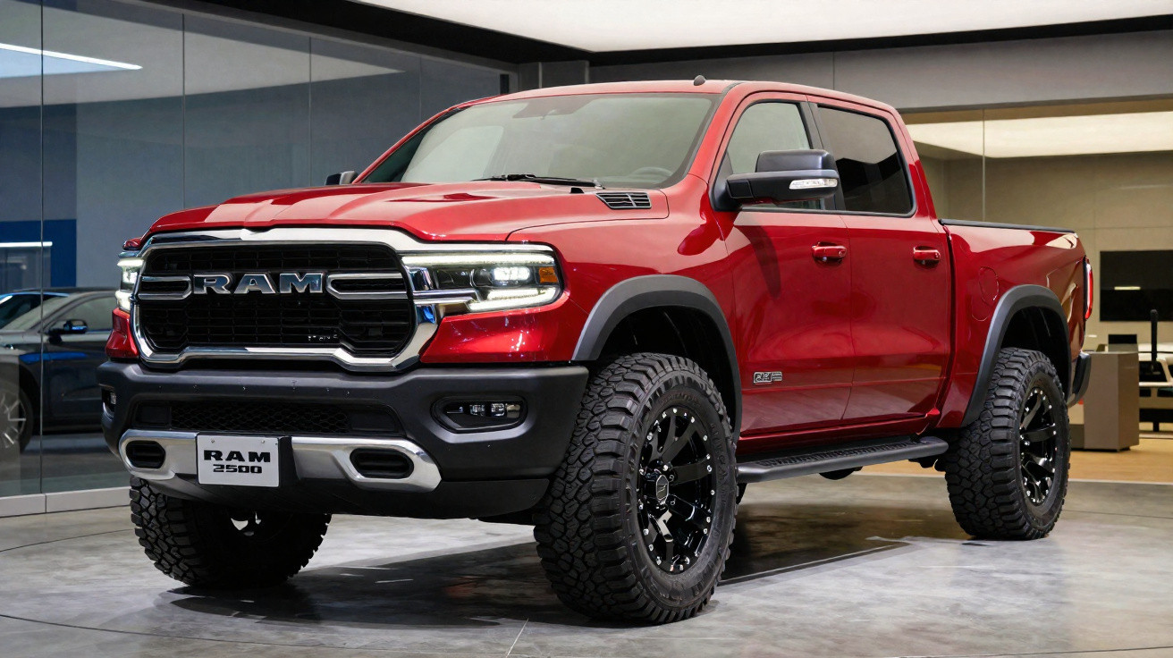 Picape vermelha RAM 2500 com rodas grandes e para-choque preto em showroom moderno.