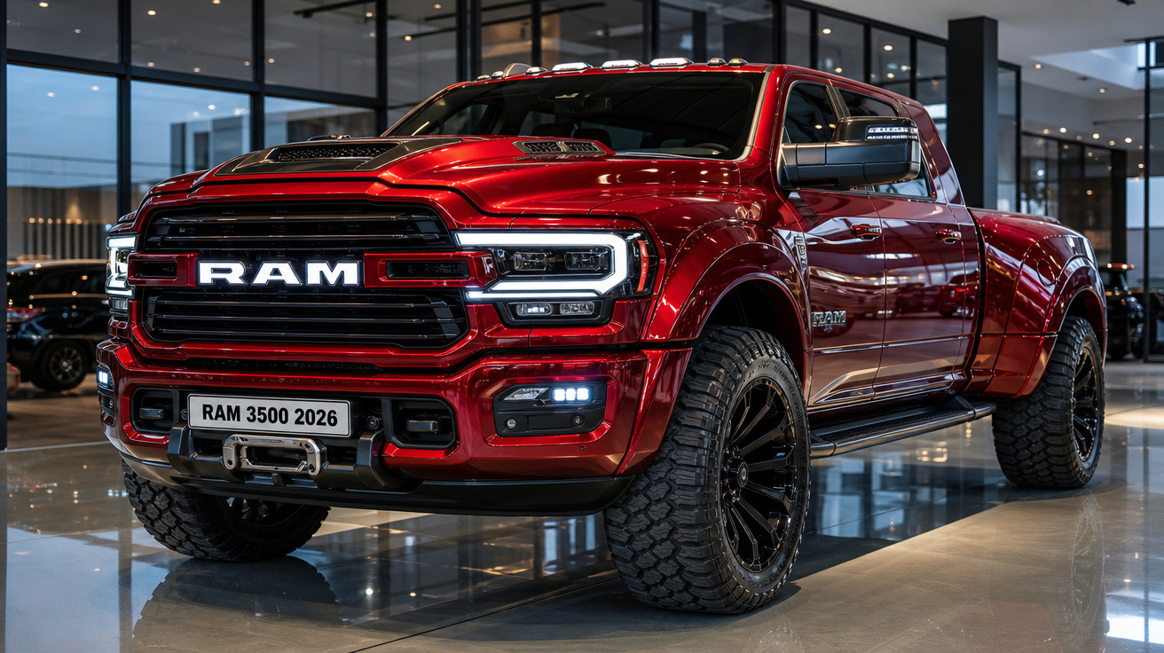 Picape RAM 3500 2026 vermelha exposta em showroom moderno com rodas grandes e design robusto.