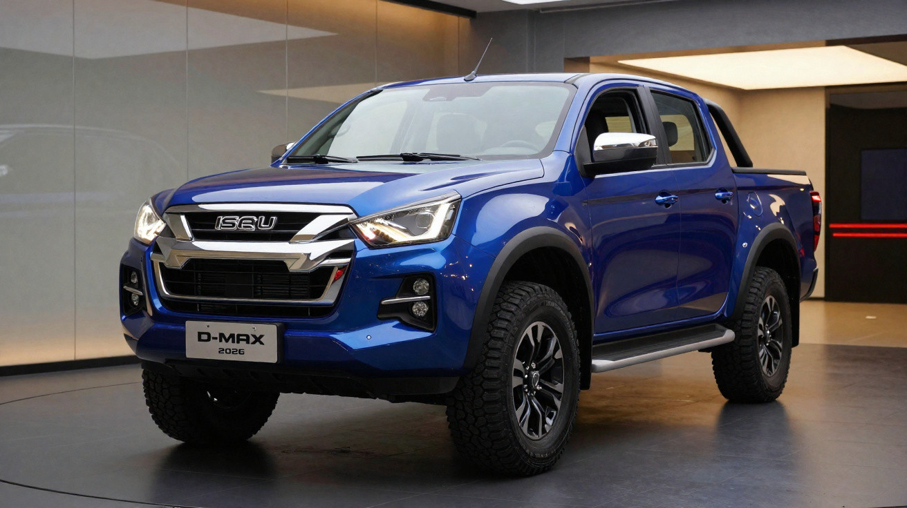 Picape azul Isuzu D-Max 2023 exibida em sala com iluminação quente.