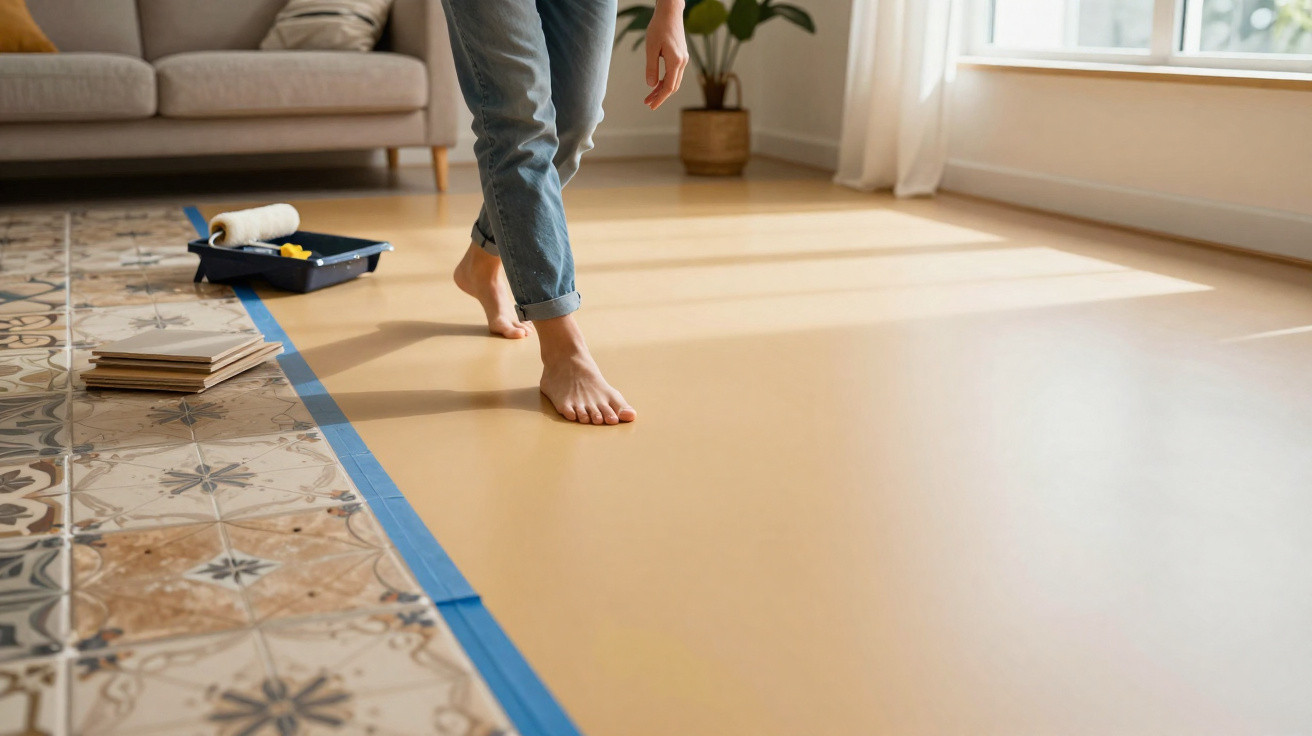 Pessoa de pé descalça em piso em transição entre azulejos estampados e proteção antes de pintura.