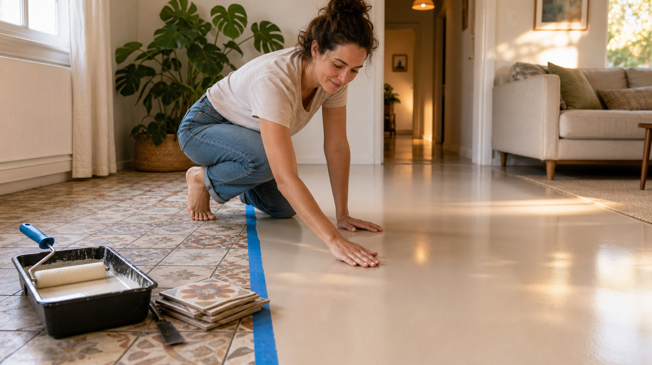 Mulher aplicando tinta em piso de cerâmica, transformando azulejos antigos em superfície lisa e clara.