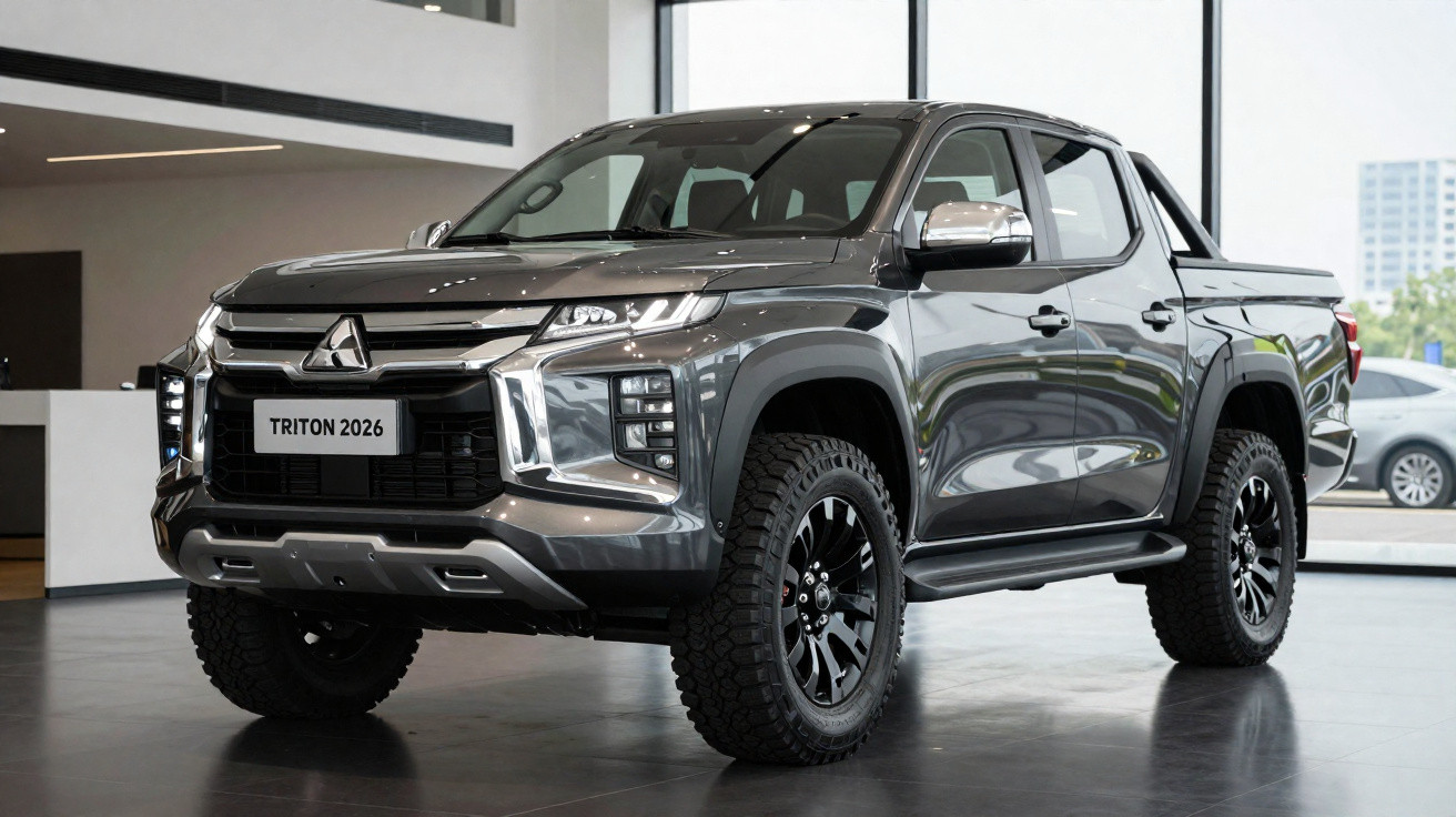 Picape Mitsubishi Triton 2026 cinza exibida em showroom moderno com piso escuro e janelas grandes.