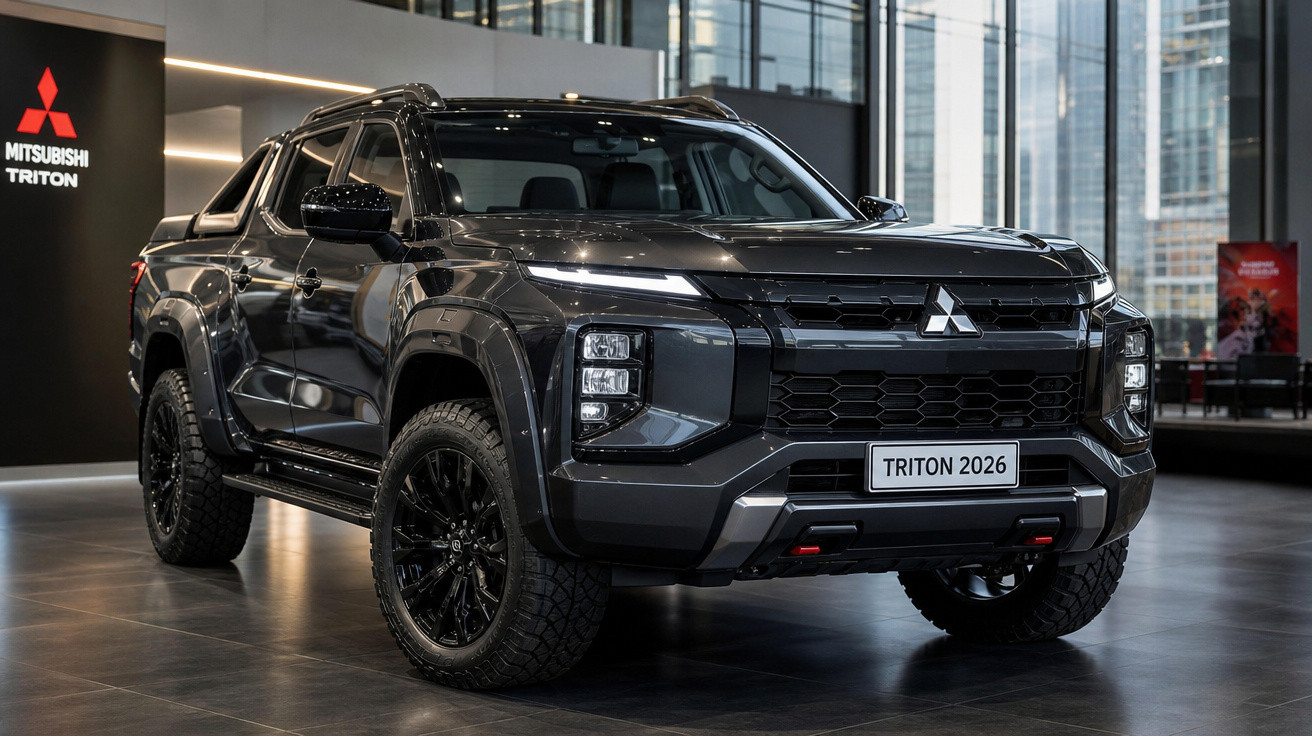 Picape Mitsubishi Triton 2026 preta exibida em showroom moderno com fundo de vidro.