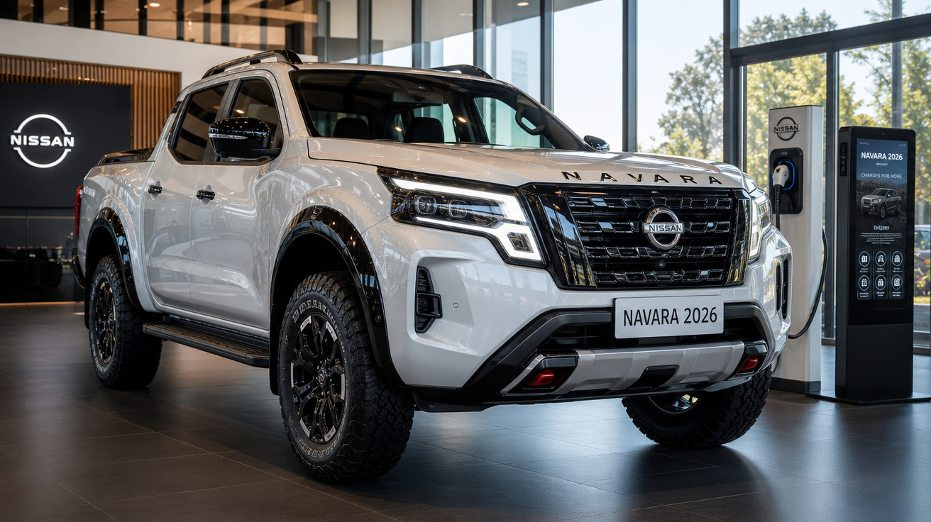 Picape Nissan Navara 2026 branca em exposição dentro de showroom moderno com piso cinza.